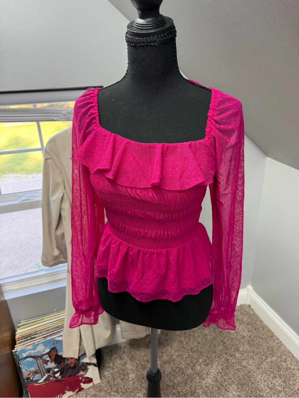 LC Lauren Conrad Fuchsia Ruffle Square-Neck Peplum Blouse